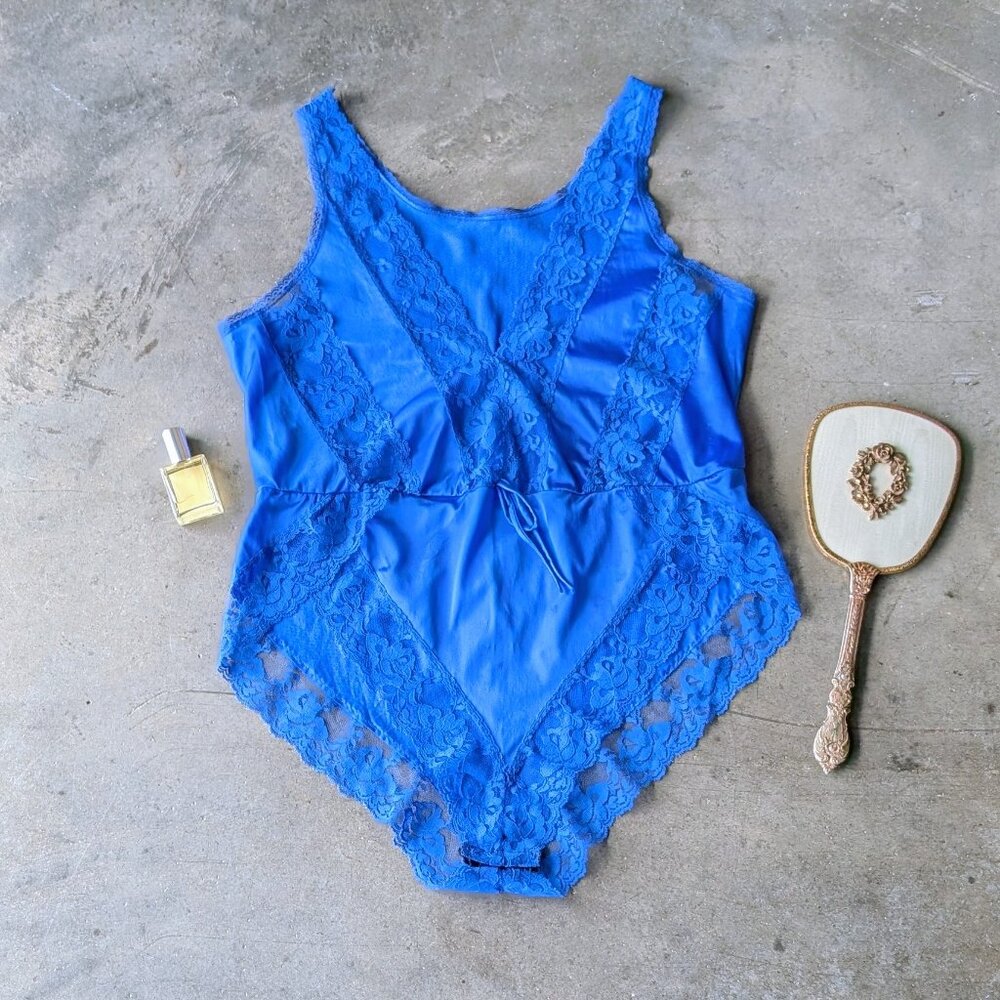 Vintage Blue Lace One-Piece Lingerie One-Piece Bodysuit medium Made In USA